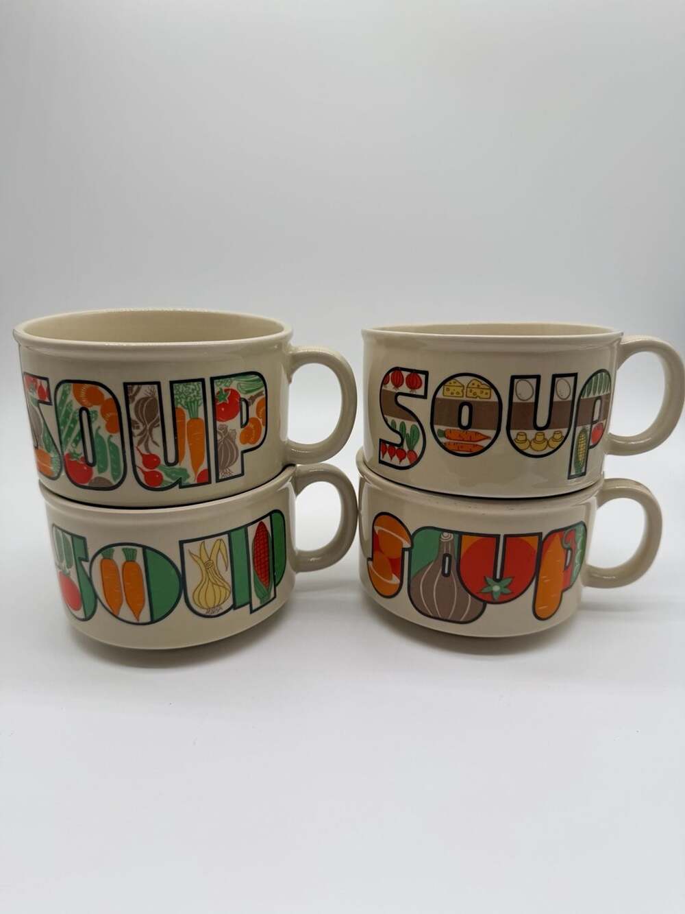 Vintage Ceramic Soup Mugs w/ Vegetable Pattern Made in Japan - Set of 4